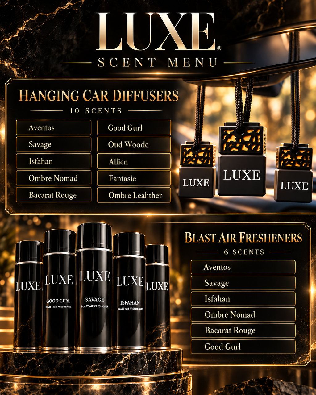 Luxe Scent Menu – all available diffuser and blast air freshener scents